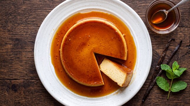 Venezuelan Quesillo Caramel Custard Flan with Cut Slice on White Plate, Caramel Syrup and Vanilla Beans, Top View