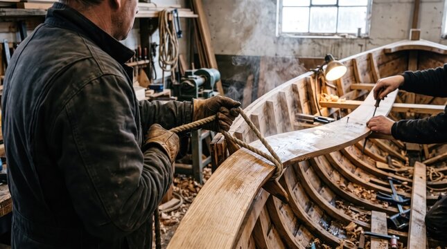 Two people construct wooden boat hull using hand tools in workshop