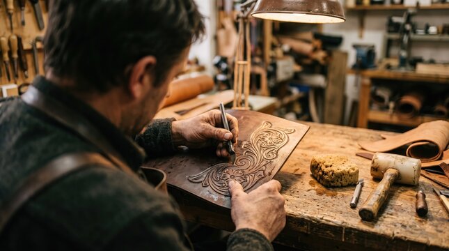Man carves intricate wooden pattern with chisel