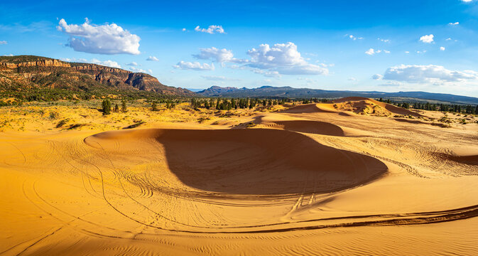 Panoramic sunset view overlooks Coral Pink Sand Dunes in Utah