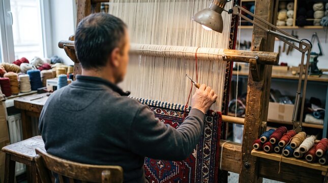 Craftsman sits at a wooden loom weaving a patterned fabric