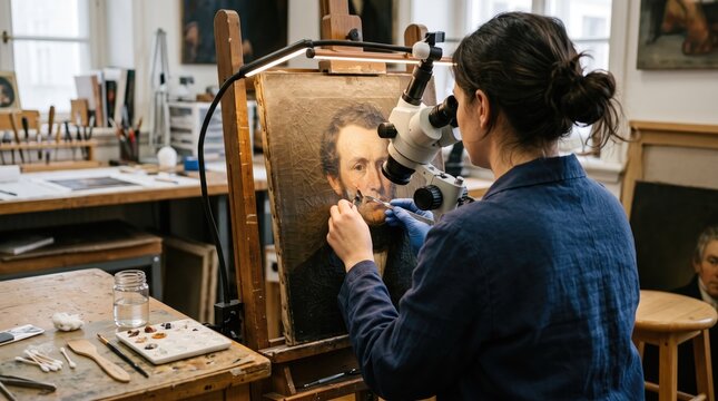 Woman painting portrait using magnifying glass from behind