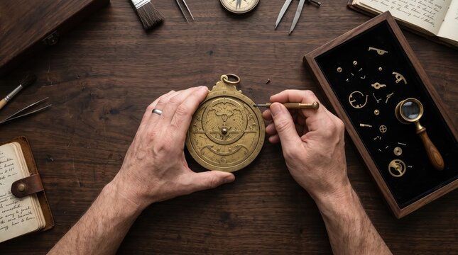 Overhead view of person using an old astrolabe with tools on wooden table
