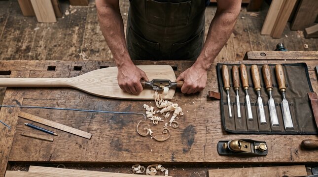 Overhead shot of woodworker carving wooden paddle