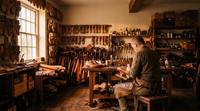 Cobbler works in a detailed, cluttered workshop filled with tools and leather