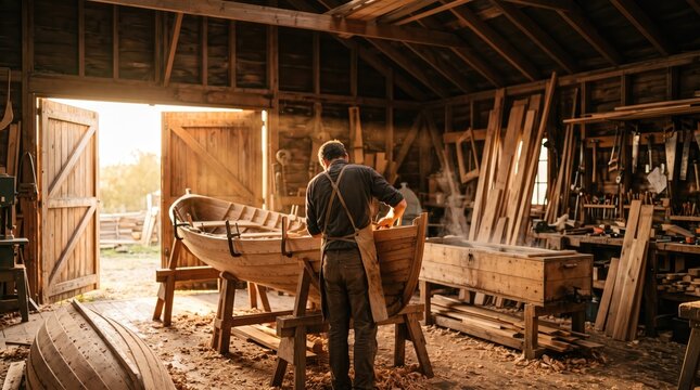 Back view of craftsman shaping wooden boat in timber-filled barn