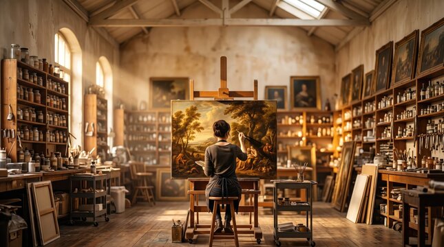 Wide shot of painter at easel in spacious