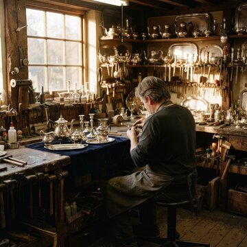 Silver craftsman at work, detailed tools and gleaming silverware on shelves