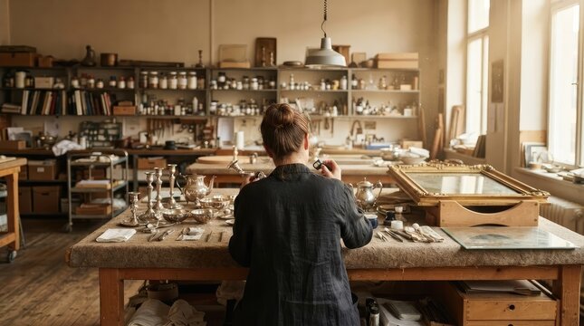 Photorealistic wide shot from behind of a person crafting in a workshop