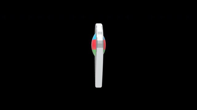 High-end 3D metallic silver location pin with rounded bottom tip, featuring a solid glossy Azerbaijani flag emblem with crescent and eight-pointed star. Smoothly rotating 8-second 4K loop on a transpa