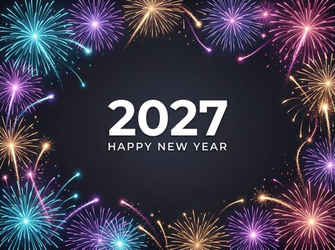 Happy new year 2027 vector border of colorful fireworks on dark background