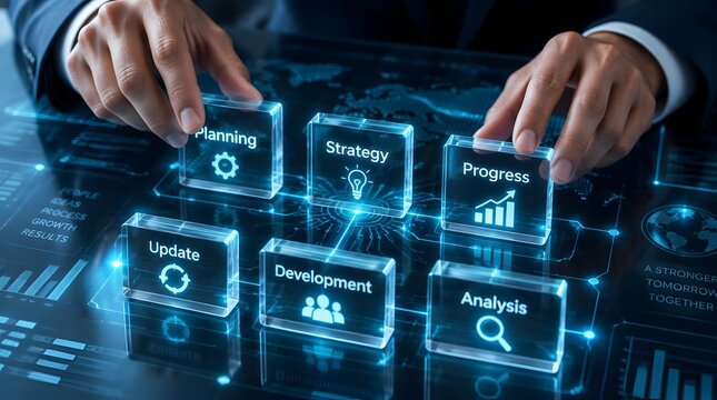 Business management interface displaying glass blocks with workflow icons for corporate planning and digital transformation presentation use