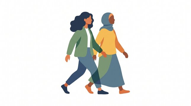 Two diverse women walking together, side view of a woman with long dark hair and a woman wearing a hijab, friendship and community concept, flat vector illustration