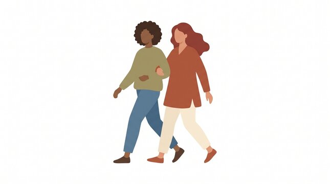 Two diverse women walking together side by side, casual clothing, friendship and support concept, flat vector illustration isolated on white background