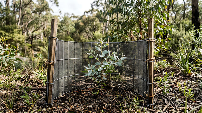 Young eucalyptus sapling protected by a wire mesh tree guard in a forest