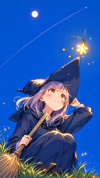 Anime witch in a pointed hat holding a broom by a star lantern，とんがり帽子をかぶり星形ランタンのそばでほうきを持つアニメの魔女
