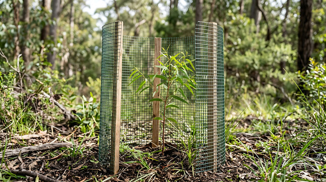 Young tree seedling protected by a wire mesh tree guard in a forest