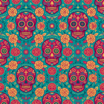Seamless pattern with decorated sugar skulls and marigold flowers for Day of the Dead celebration.