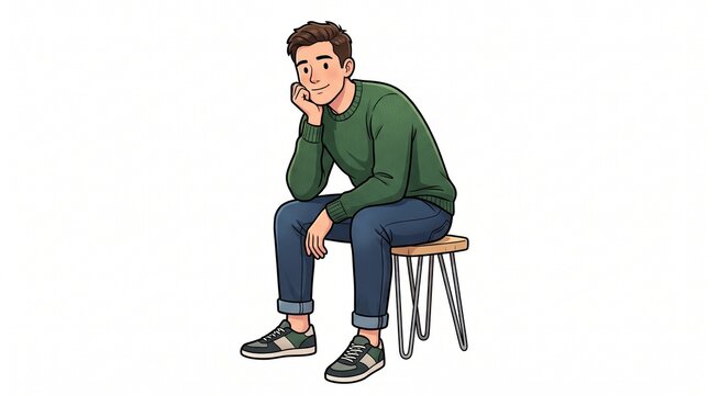 Young man sitting on a stool with his hand on his chin, looking thoughtful and relaxed, isolated on white background