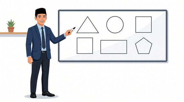 Male teacher in formal suit and peci pointing at a whiteboard with geometric shapes in a classroom setting for education