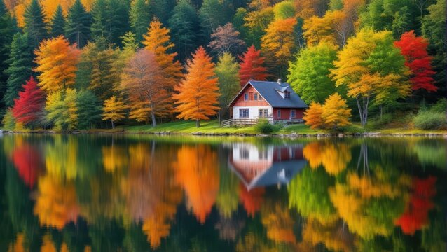 Cozy cottage by serene lake with vibrant fall colors surrounding the property, reflecting off tranquil water surface and lush greenery, foliage, rustic charm
