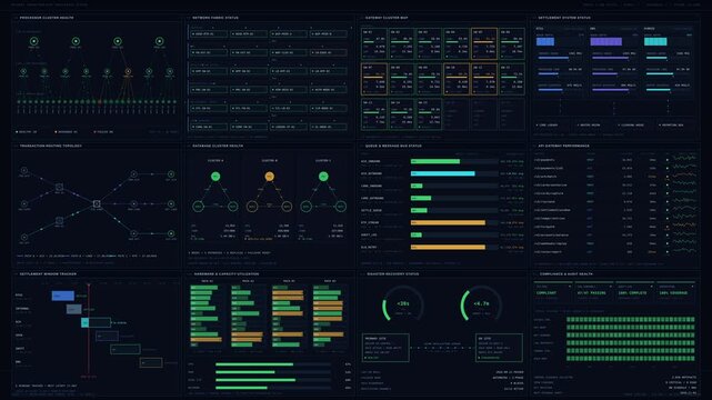 Explore a sophisticated banking payment infrastructure dashboard featuring processors, networks, gateways, and settlement systems in a dark mode animation with precise metrics.