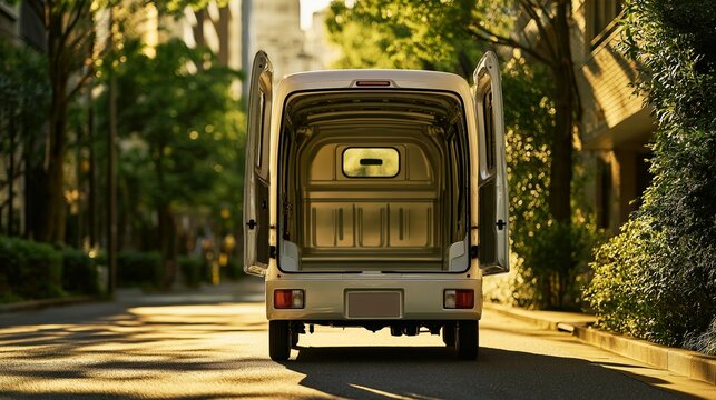 A white kei van (suggesting cargo, delivery, or logistics) parked on a residential street with its rear door fully open