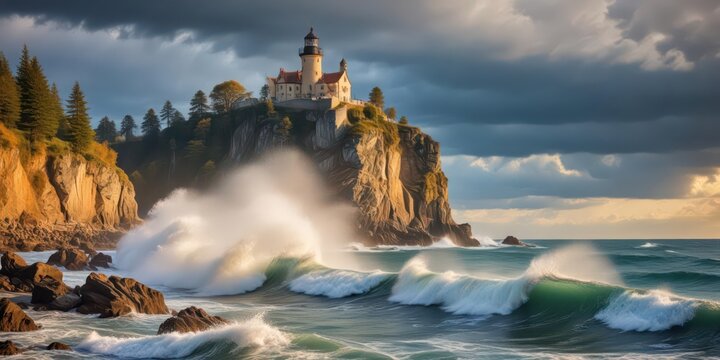 Powerful Stormy Waves at Split Rock Lighthouse, rugged coast