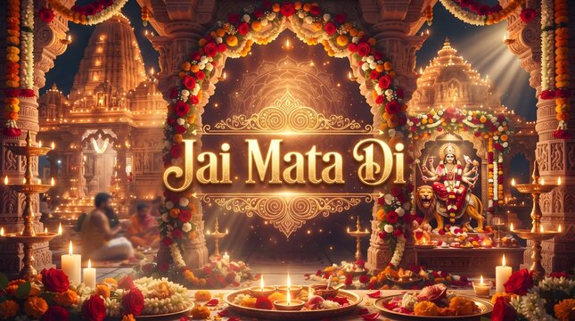 Jai Mata Di Navratri Festival Greeting with Goddess Durga, Temple Decorations and Glowing Diyas
