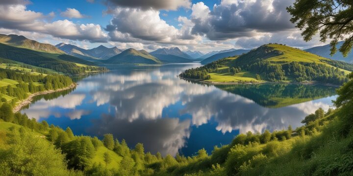 Serene reflection of Loch Lomond's calm waters from the rugged slope of Ben Lomond, surrounded by lush greenery and towering trees , water, reflection