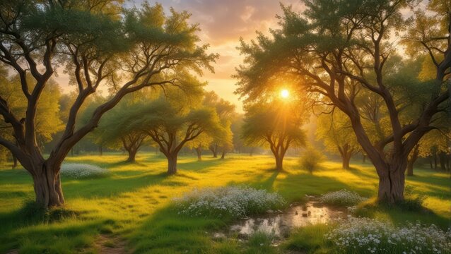 A serene sunlit garden with olive trees in full bloom during spring evening, surrounded by a warm golden glow and lush greenery
