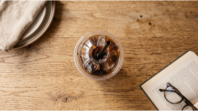 Top view of cold brew iced coffee in plastic cup on wooden table with book and glasses