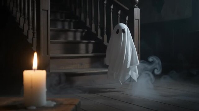 Ghostly Figure Appearing on Staircase in Dimly Lit House with Candle and Mist