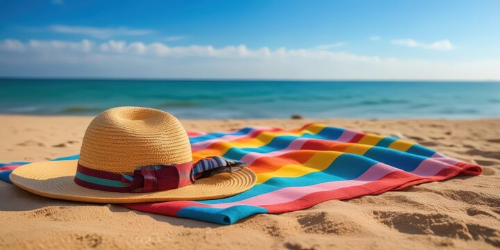Beach scene with colorful towel on sandy shore, straw hat and sunglasses in focus