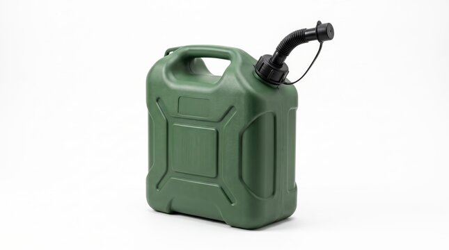 Green plastic fuel container with a nozzle for gasoline or diesel