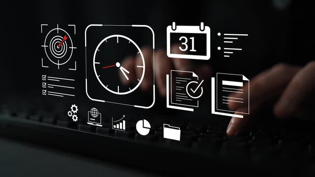 Digital technology dashboard with clock, calendar, target, and data icons representing productivity, planning, and analytics for business professionals Gluon.