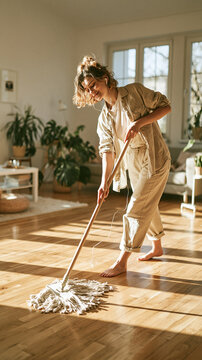 A Woman Mops a Wooden Floor in Sunlit Room: A woman with curly hair in a light-colored jumpsuit mops a polished wooden floor, illuminated by warm sunlight streaming through large windows.
