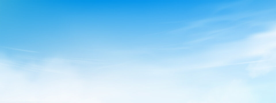 Sky Blue,Cloud Background, Horizon Summer Clear Sky over beach,Vector landscape nature sunrise in Winter, Cartoon Spring panorama banner white clouds over blue ocean, Sky before Sunset landscape
