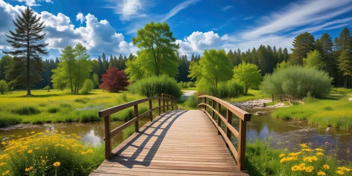 wooden bridge in park amidst lush greenery with vibrant wildflowers and tall trees surrounding it under a clear blue sky with a few white clouds , outdoor, garden
