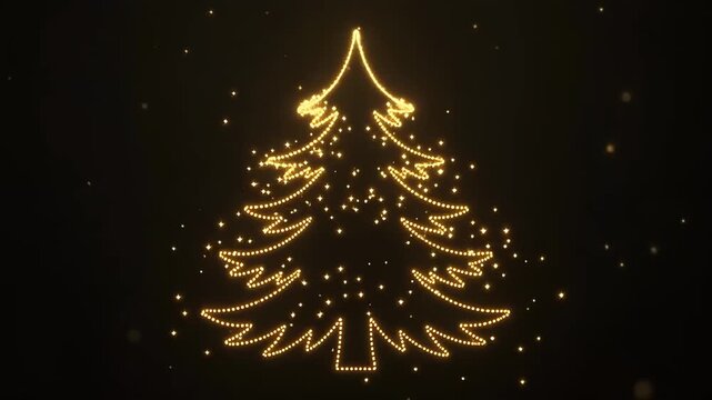 Golden particles forming Christmas fir tree shape