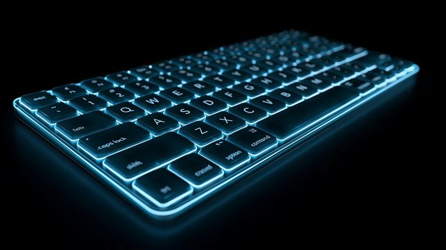 Computer keyboard with glowing neon blue edges on keys, isolated on a deep black background, angled perspective view