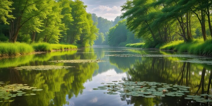 Tranquil river waters reflecting lush greenery amidst towering trees and water lilies floating on the surface , peaceful