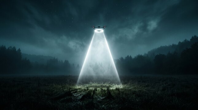 A glowing drone hovering and shining a bright light down on a dark field