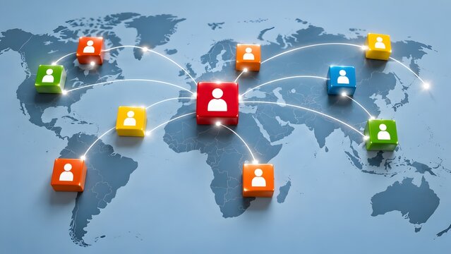 Global Human Resources Network Architecture Displayed With Colorful User Icon Blocks Connected By Glowing Lines Over Detailed World Map Background Design