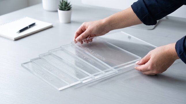 Glass blocks with priority levels text, task management organization concept, workflow planning strategy, project hierarchy system, business efficiency tool, clear acrylic