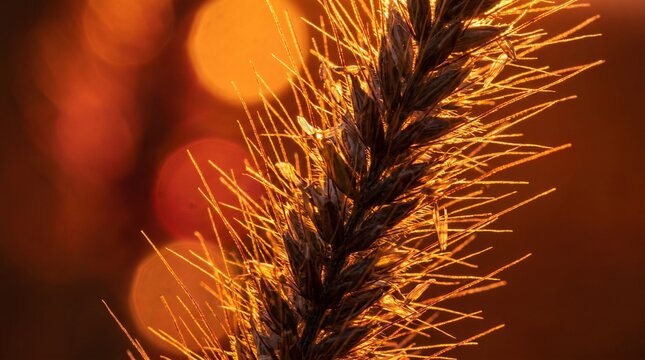 Macro closeup of dark foxtail grass seed head with golden bristles and bokeh