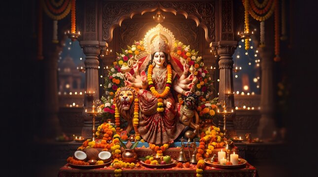 Goddess Durga Navratri Festival Puja with Glowing Diyas, Floral Decorations and Traditional Temple Interior