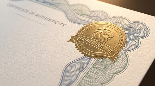 Gold seal on certificate of authenticity with blue border pattern