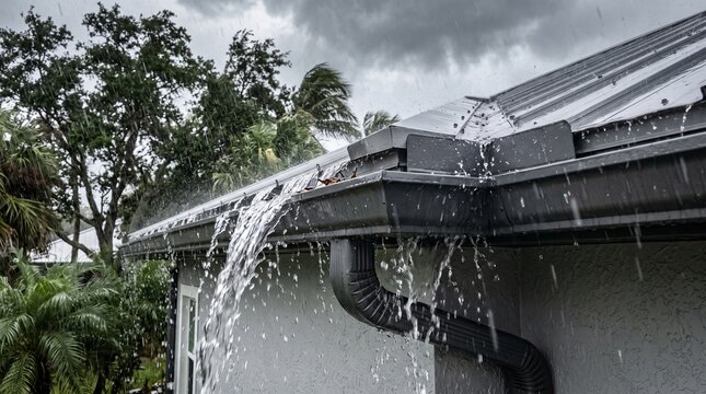 Overflowing rain gutter with heavy water spilling over during storm