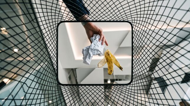 Person throwing waste paper and banana peel into a bin top view